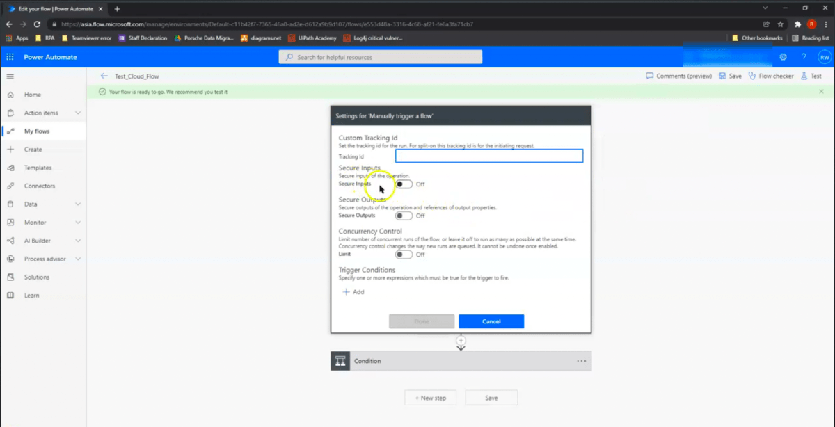 The settings to enable secure inputs and secure outputs in Microsoft Power Automate 