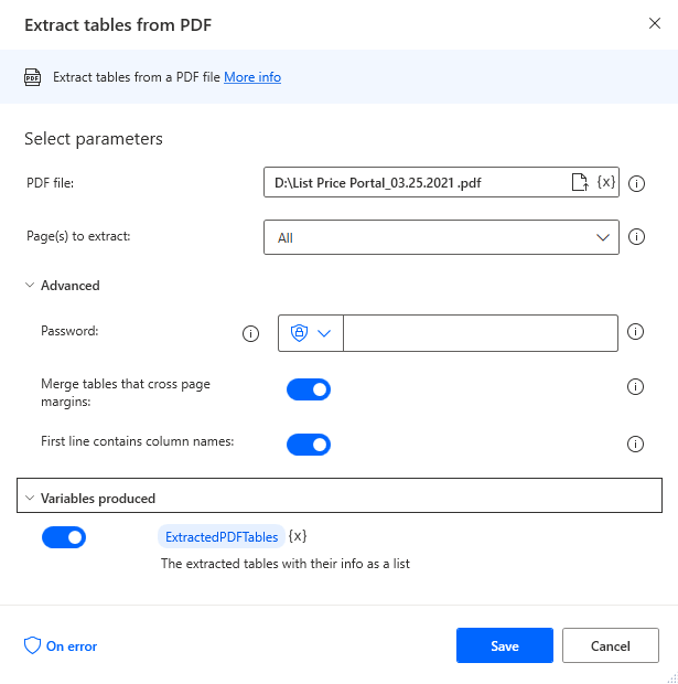 The new action extract tables from PDF in Microsoft Power Automate for Desktop 