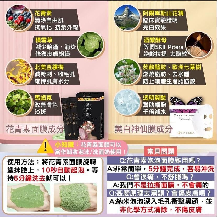官方正版授權】日本Fatera花青素黑神仙膜(10包/盒)美白瘦臉神仙膜(5片