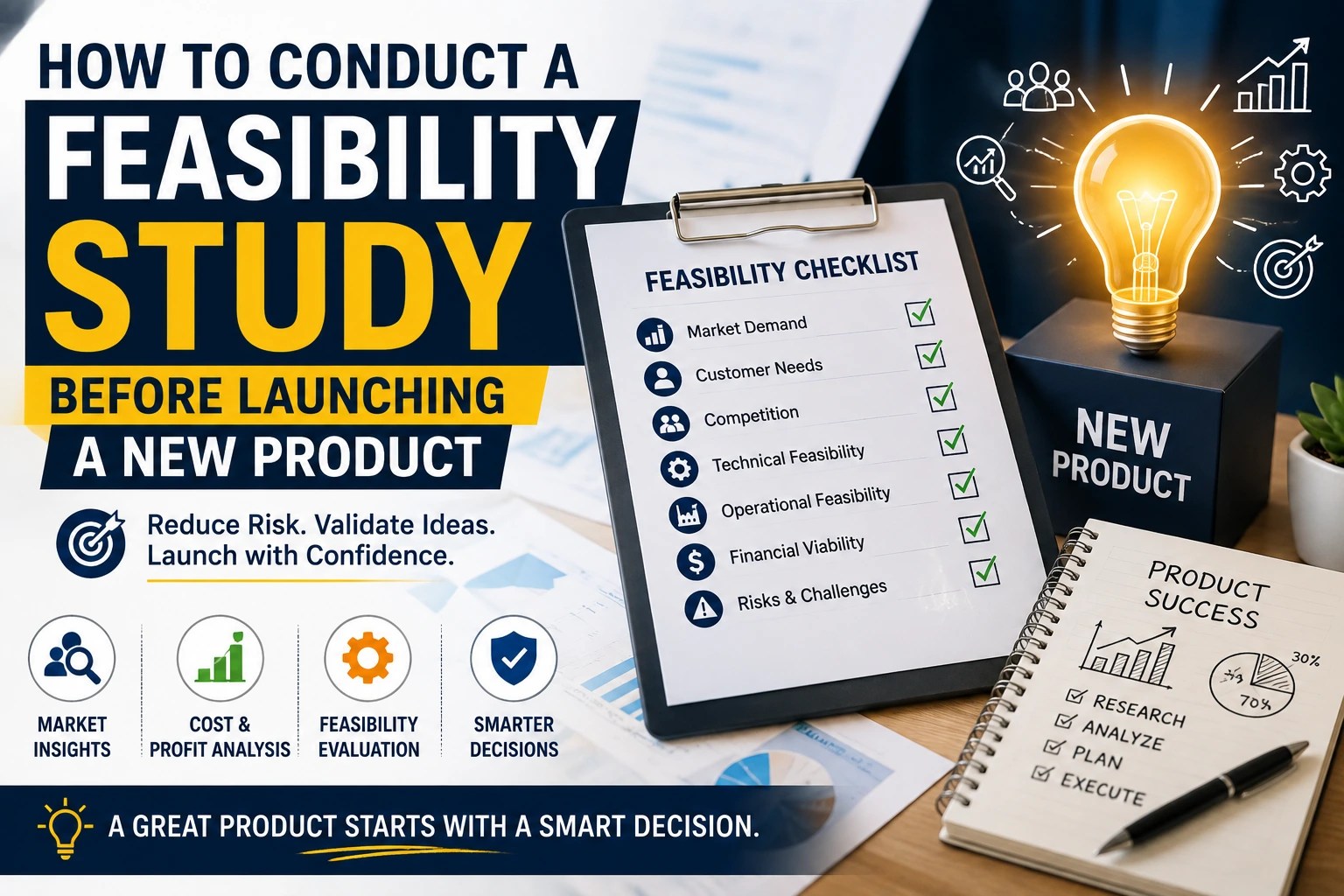 Feasibility study checklist for launching a new product, covering market demand, customer needs, competition, technical feasibility, costs, and risks