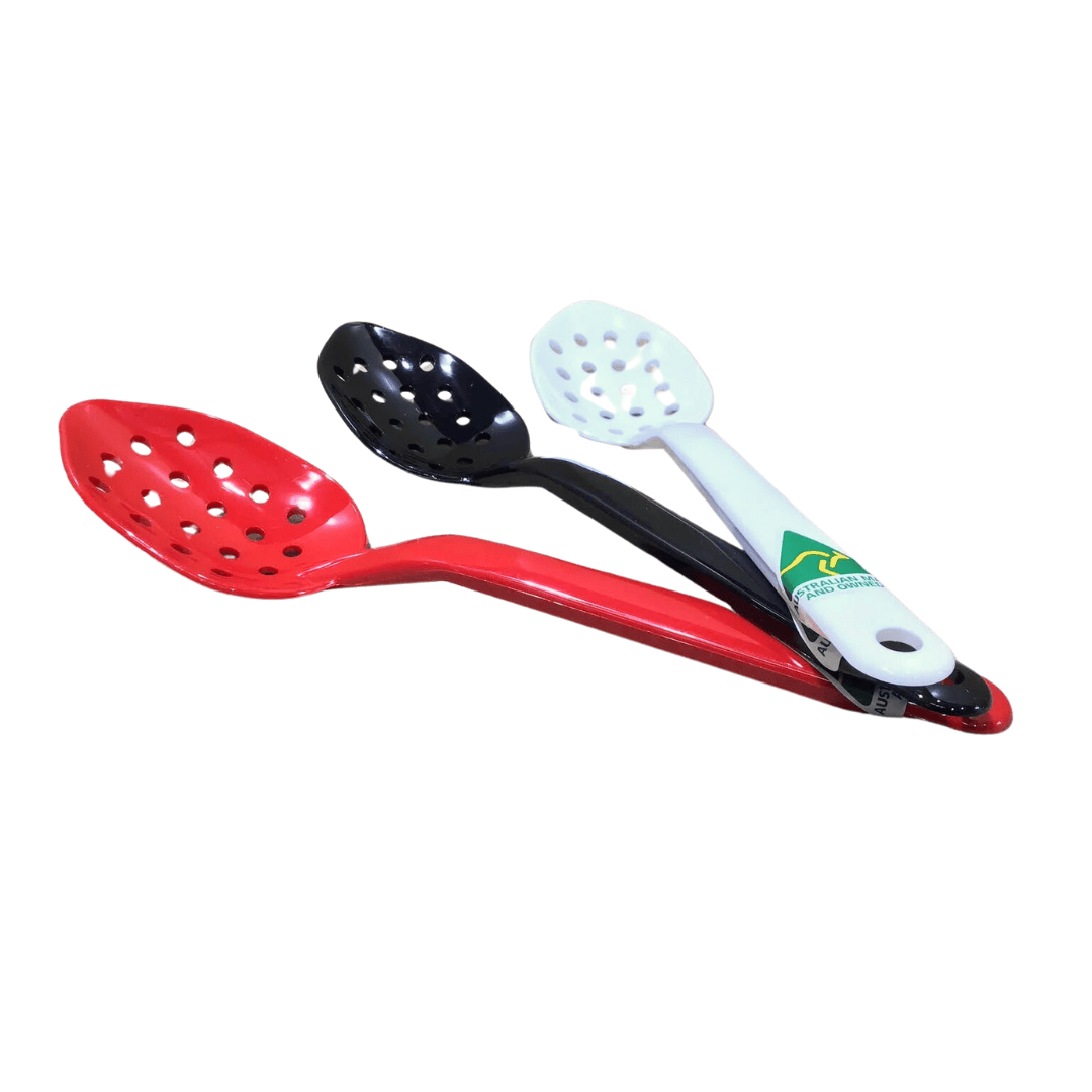 Three food-grade serving spoons in red, black, and white, designed for efficient food display and handling in retail environments.