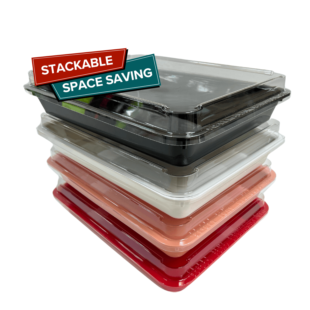Stack of durable, BPA-free food display trays in various colors with a "Stackable Space Saving" label, showcasing MTA Products' eco-friendly serving solutions for food service and retail industries.