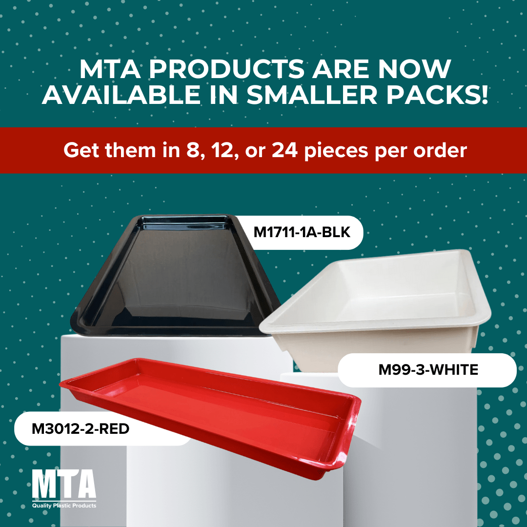 MTA Products display trays in smaller packs, featuring a black lid tray (M1711-1A-BLK), a white tray (M99-3-WHITE), and a red tray (M3012-2-RED), promoting eco-friendly food-grade options.