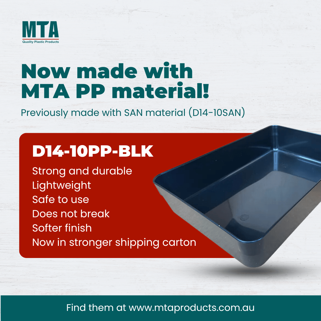 Durable black display tray made with MTA PP material, featuring strong and lightweight design, safe for use, and highlighted benefits such as a softer finish and improved shipping carton.
