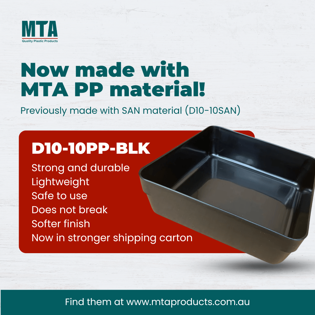 Durable black display tray made with MTA PP material, highlighting features like strength, lightweight design, and safety for food use.