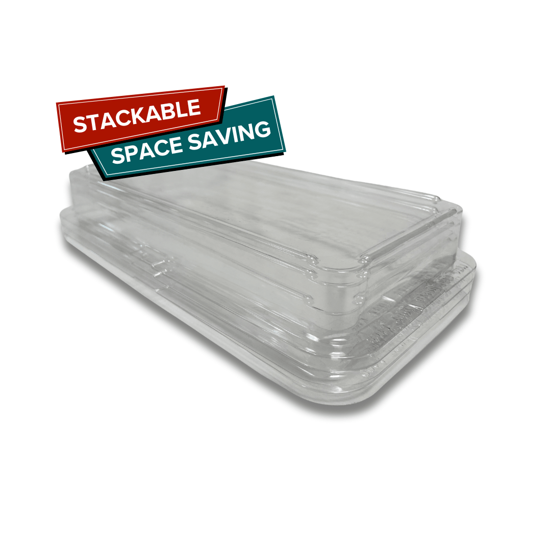 Clear stackable food-grade display lids for trays, featuring a space-saving design, ideal for MTA Products' eco-friendly offerings.