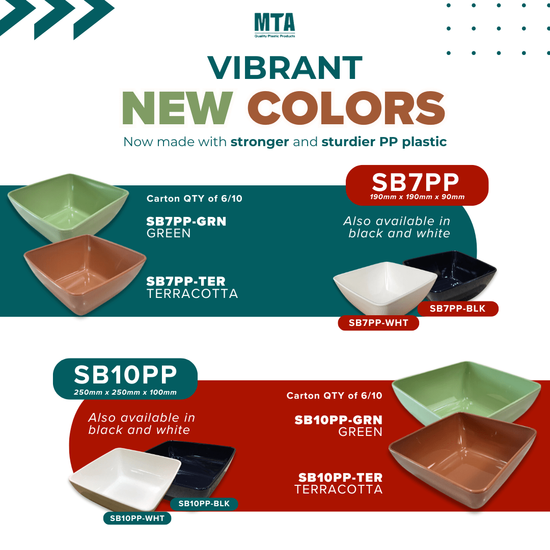 Vibrant display of MTA's new color options for food-grade plastic bowls, featuring SB7PP in green and terracotta, and SB10PP in green and terracotta, showcasing their eco-friendly and durable design.