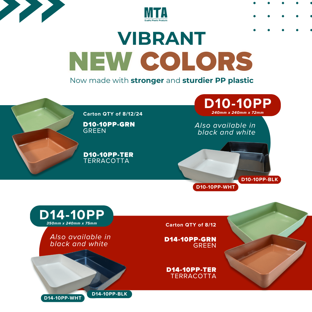 Vibrant display trays in new colors, featuring D10-10PP in green and terracotta, and D14-10PP in green and terracotta, showcasing eco-friendly, durable, food-grade plastic options by MTA Products.