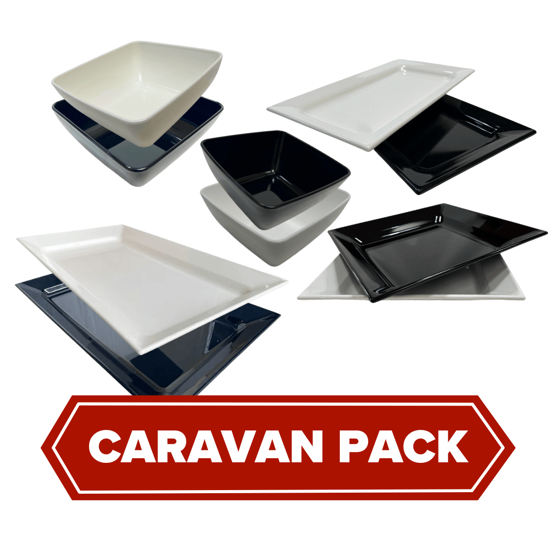 Caravan Pack featuring a mix of food-grade plastic bowls and platters in white and black, showcasing durable and eco-friendly design for food service and retail applications.