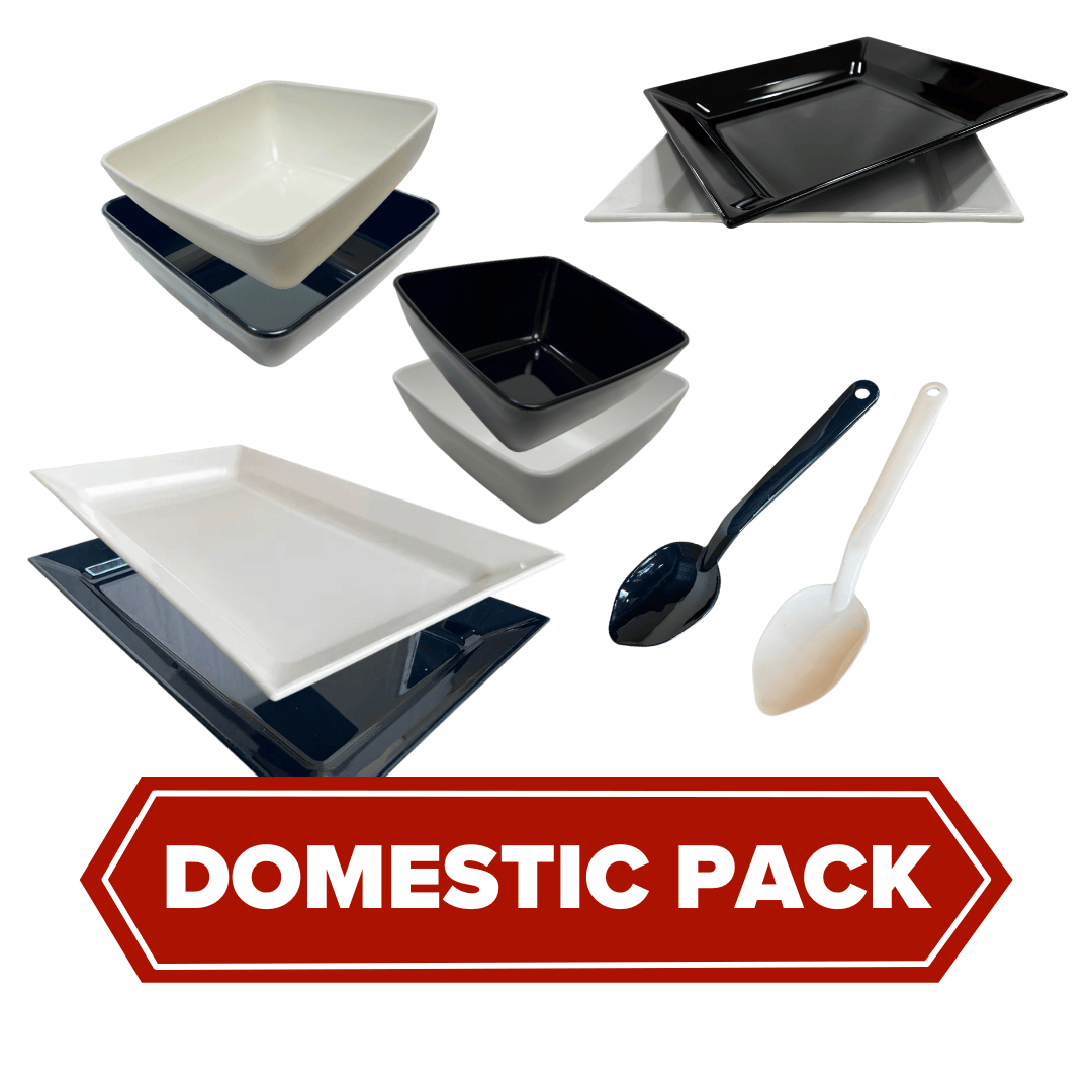 Domestic pack of food-grade plastic bowls and platters in black and white, featuring serving spoons, showcasing MTA Products' eco-friendly display solutions.
