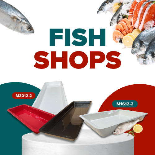 Fish shop display solutions featuring MTA's food-grade trays in various colors, showcasing seafood with a vibrant background of fresh fish and seafood products.