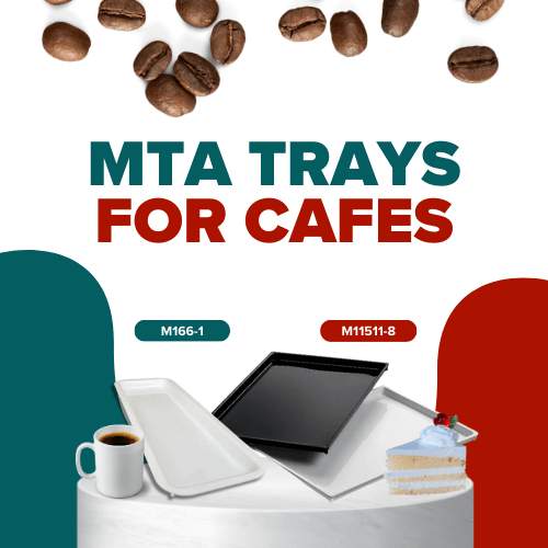 MTA trays for cafes featuring various display options, including a white tray, a black tray, and a cup of coffee, set against a backdrop of coffee beans, emphasizing stylish presentation for food service.