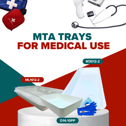 MTA trays for medical use, featuring three different tray models (ML1612-2, M3012-2, D14-10PP) alongside medical supplies like a stethoscope and first aid kit, emphasizing organization and efficiency for healthcare professionals.