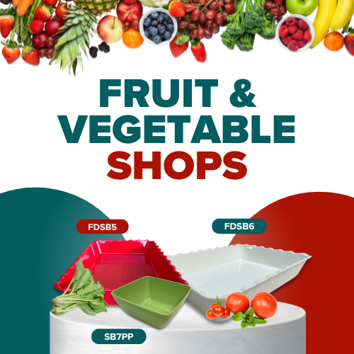 Fruit and vegetable display trays in various colors, including green and white, surrounded by fresh produce, highlighting MTA's solutions for enhancing product presentation in fruit and vegetable shops.