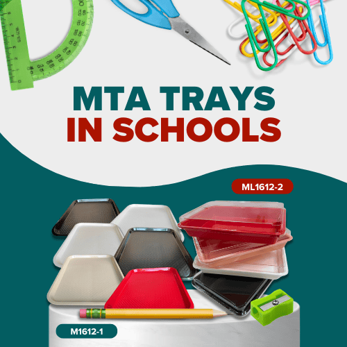 MTA trays in various colors and sizes, designed for school cafeterias, featuring lightweight, stackable design for easy storage and use.
