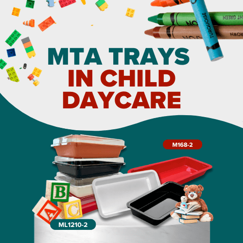 MTA trays displayed in a colorful childcare setting, featuring various plastic trays in different colors, educational toys, and crayons, highlighting their use in daycare environments.