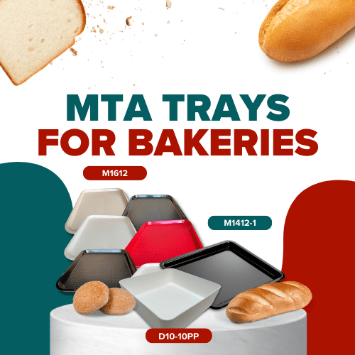 MTA trays for bakeries featuring various tray styles and colors, including M1612, M1412-1, and D10-10PP, with bread and baked goods displayed, emphasizing durable and stylish food presentation solutions.
