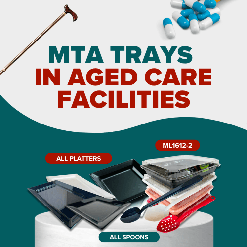 MTA trays and utensils for aged care facilities, featuring various platters and spoons, emphasizing safety and functionality in food service.