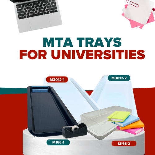 MTA Products display trays for universities, featuring various models including M3012-1, M3012-2, M166-1, and M168-2, designed for durability and versatility in food service and educational settings.