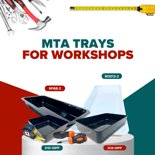 MTA Products plastic trays for workshops, featuring various sizes and designs, including M168-2, M3012-2, D10-10PP, and D14-10PP, set against a backdrop of workshop tools and measuring tape.