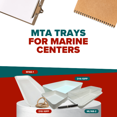 Durable MTA trays for marine centers, featuring various sizes and shapes including ML168-2, D10-10PP, D14-10PP, and M166-1, displayed against a vibrant background.