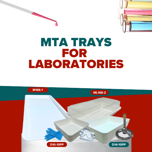 MTA display trays for laboratories, featuring various models including M166-1, ML168-2, D10-10PP, and D14-10PP, with vibrant laboratory supplies in the background.