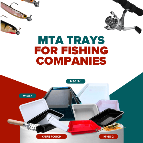 MTA Products plastic display trays for fishing companies, featuring various tray models including M128-1, M3012-1, and M168-2, alongside a knife pouch, showcasing durable and versatile food-grade solutions.