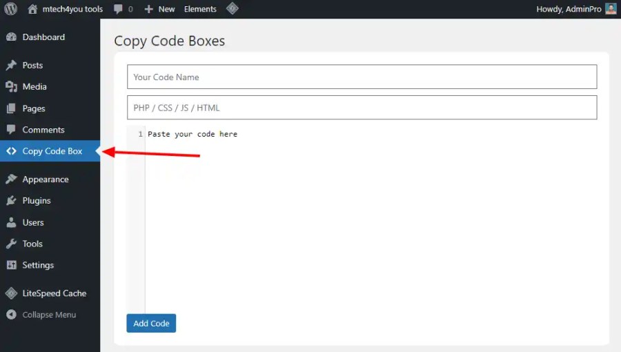 Copy code box admin menu option