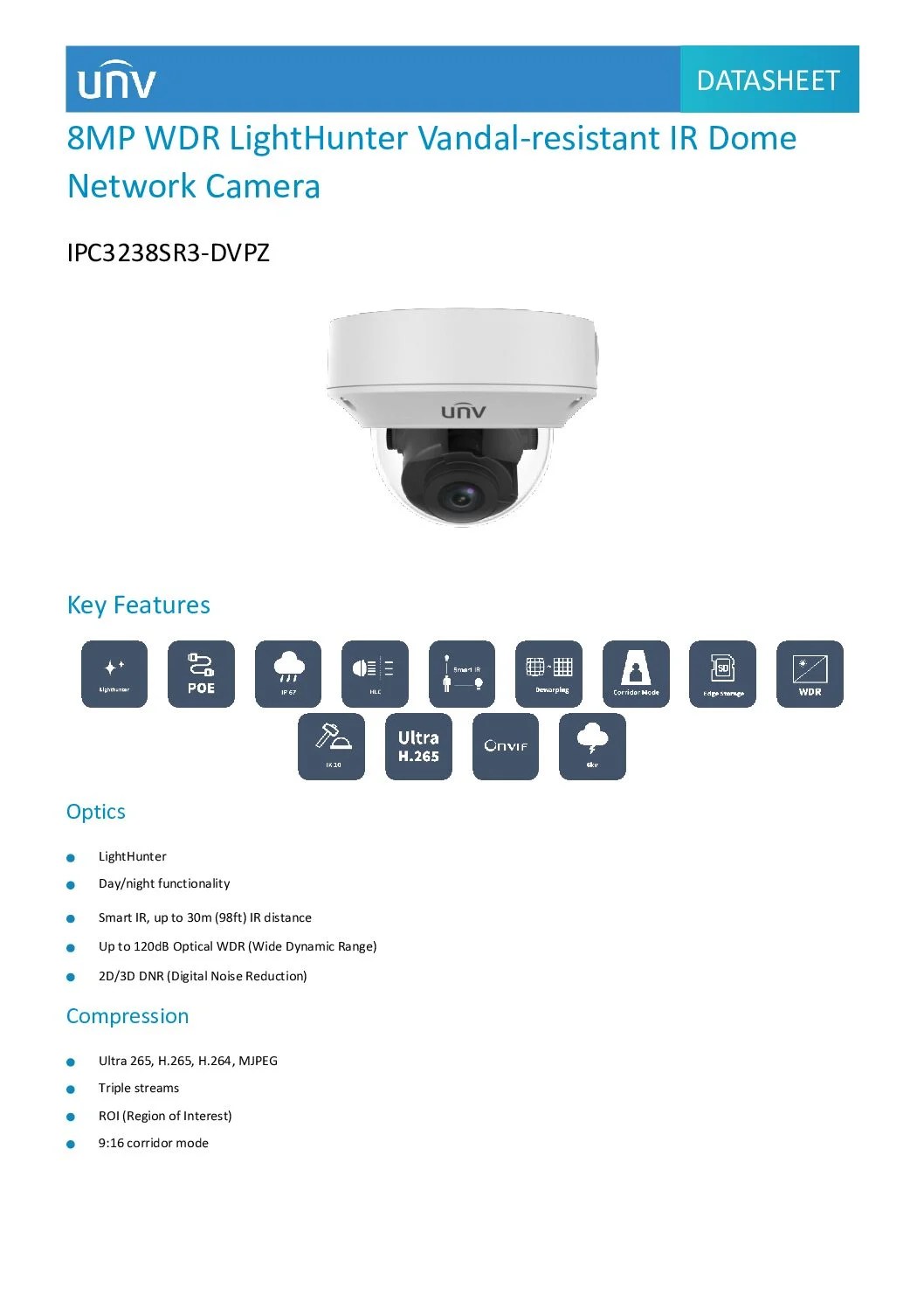 8MP WDR LightHunter Vandal-resistant IR Dome Network Camera IPC3238SR3-DVPZ