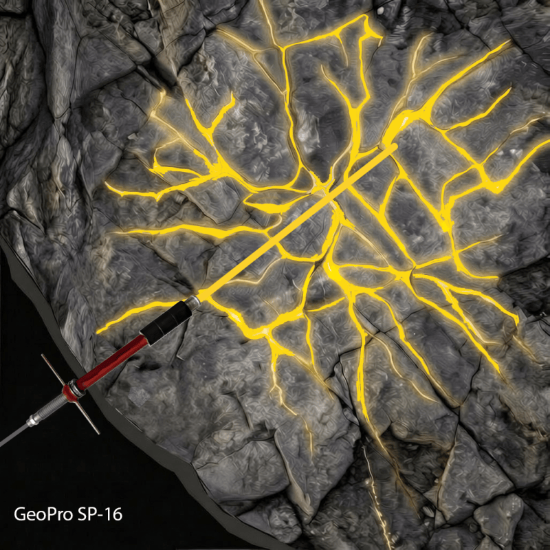 Diagram showing GeoPro SP-16 resin injected into fractures within rock