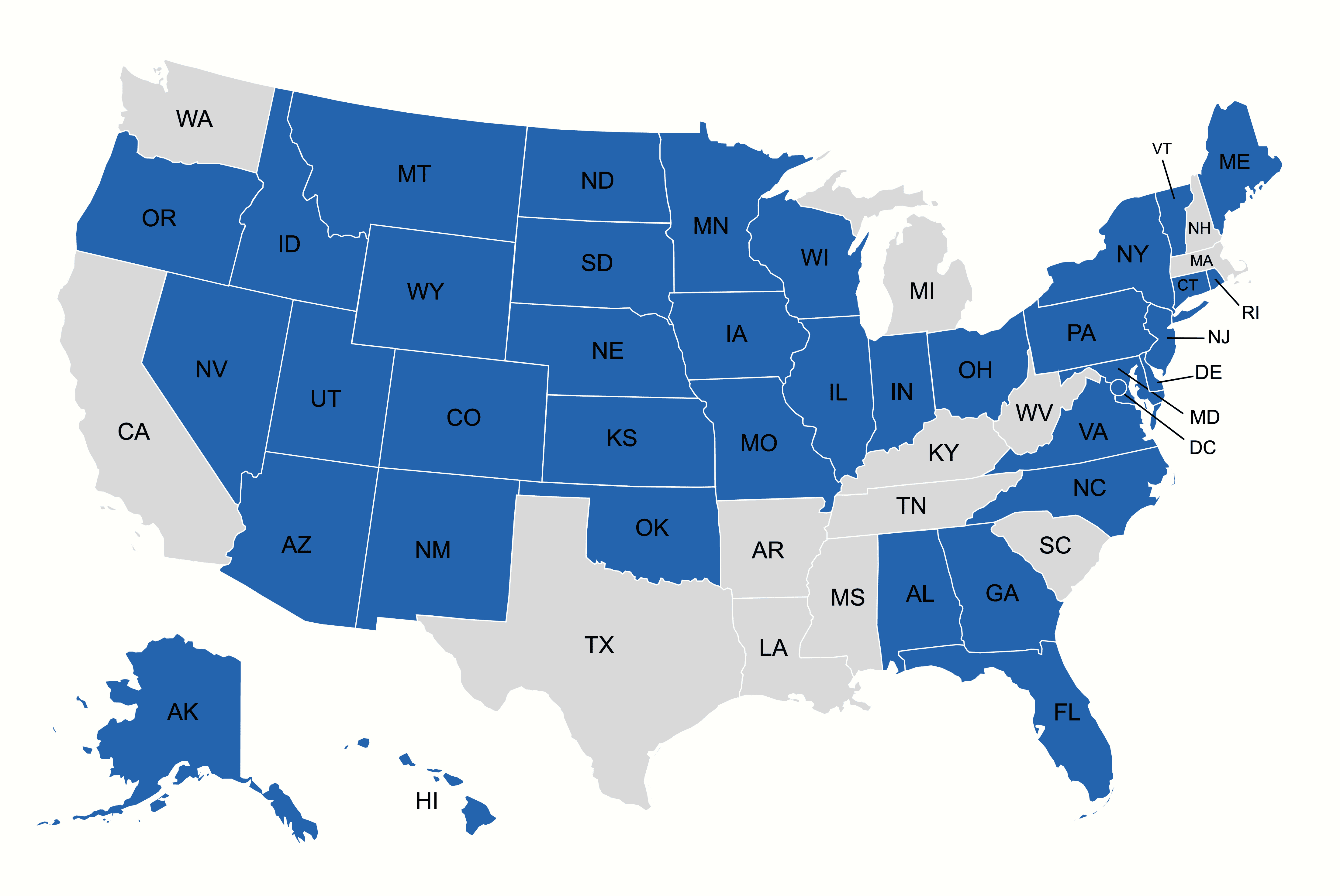 a colored map of the states mountain care pharmacy is licensed in