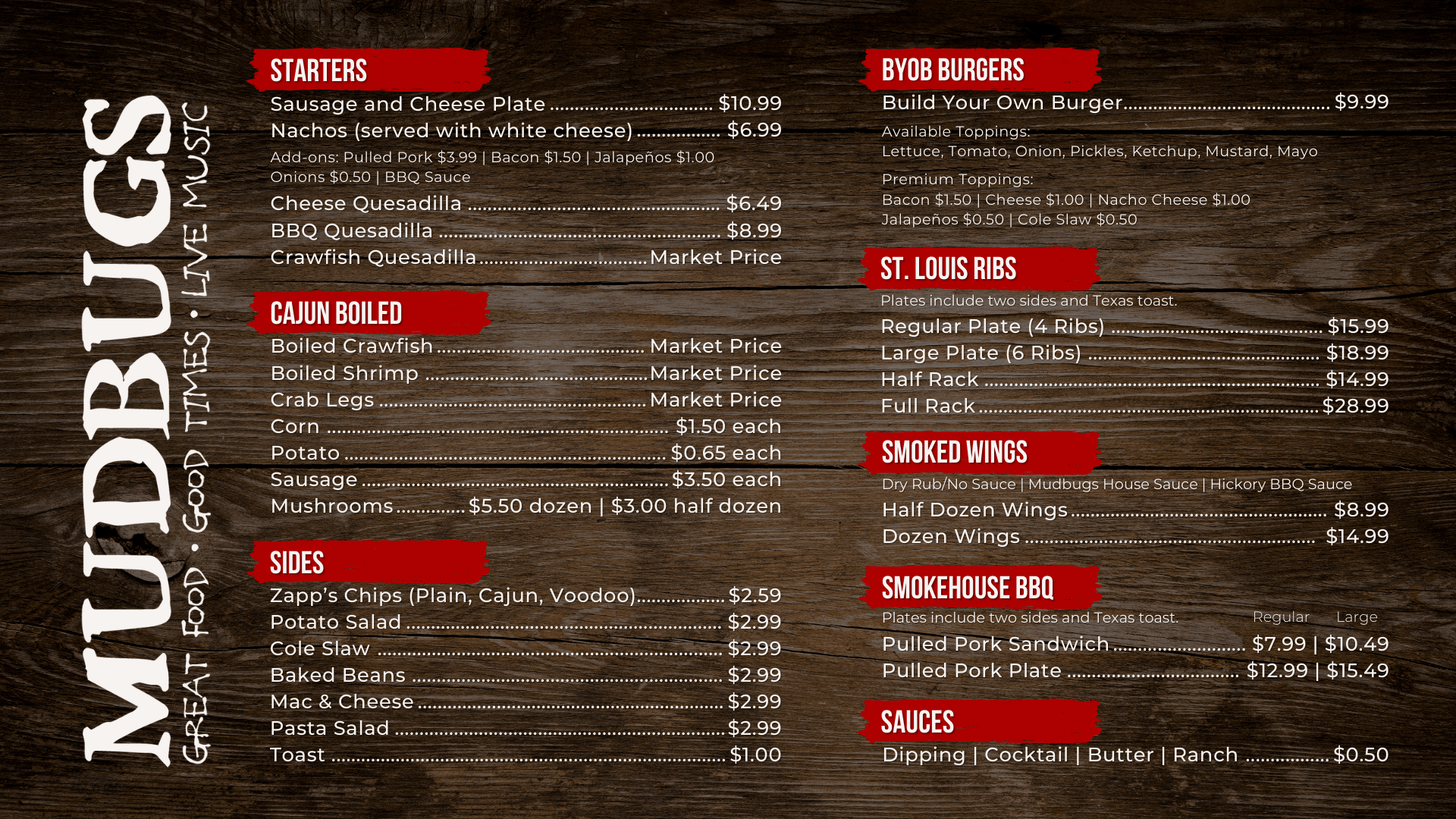 Mudbugs Crawfish full menu featuring starters, Cajun boiled seafood, sides, burgers, ribs, wings, and BBQ plates with pricing