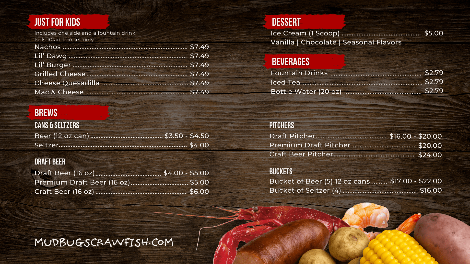 Mudbugs Crawfish menu back featuring kids meals, desserts, beverages, beer, draft, pitchers, and buckets pricing