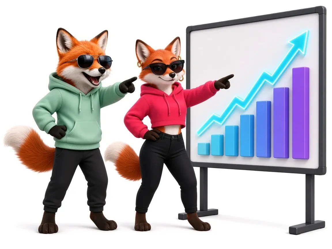 Fox mascots pointing at a rising chart, showing a 7-day plan to change your TikTok algorithm after a reset.
