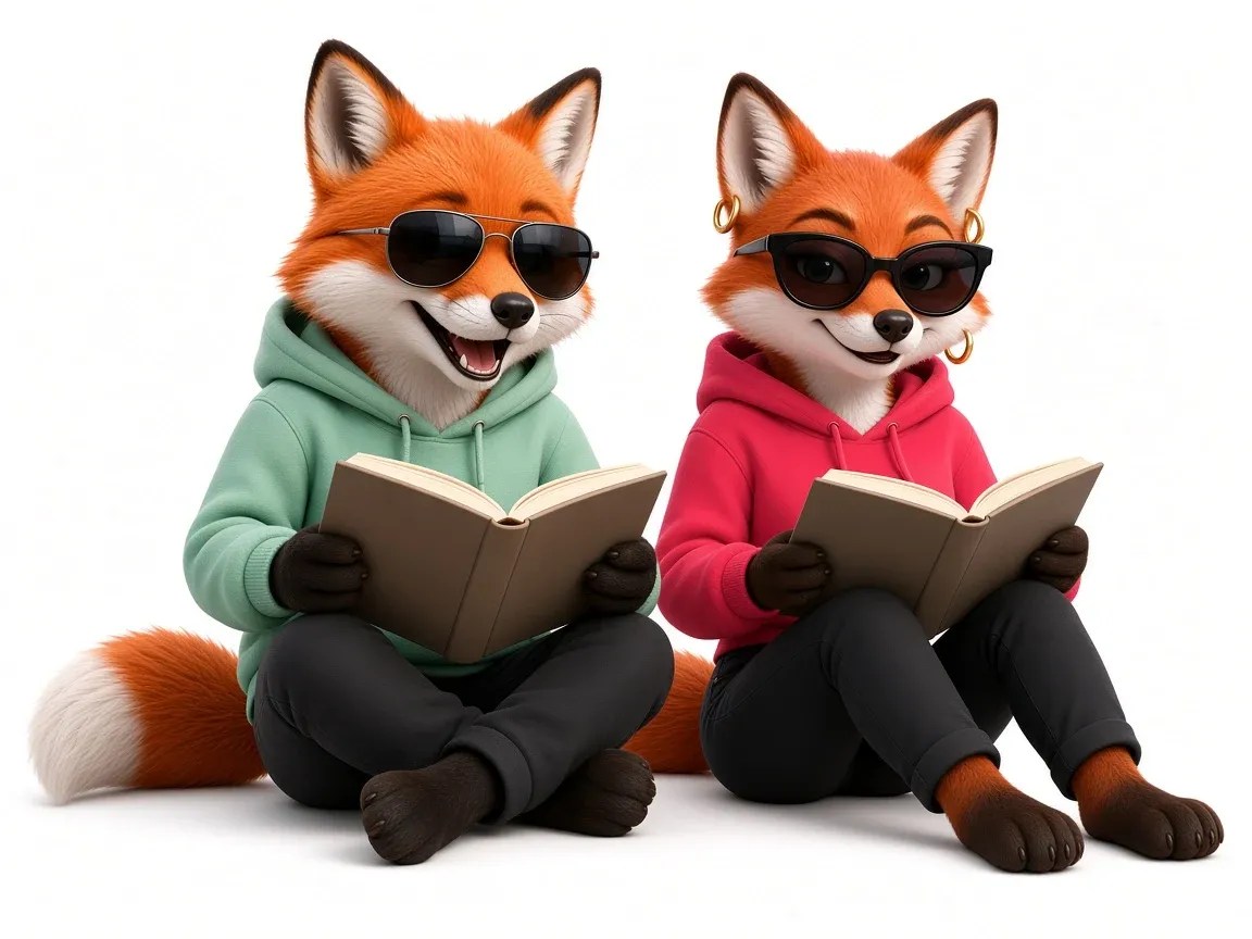 Two fox mascots sitting and reading books, checking the usage numbers behind the question of whether Instagram is dead.