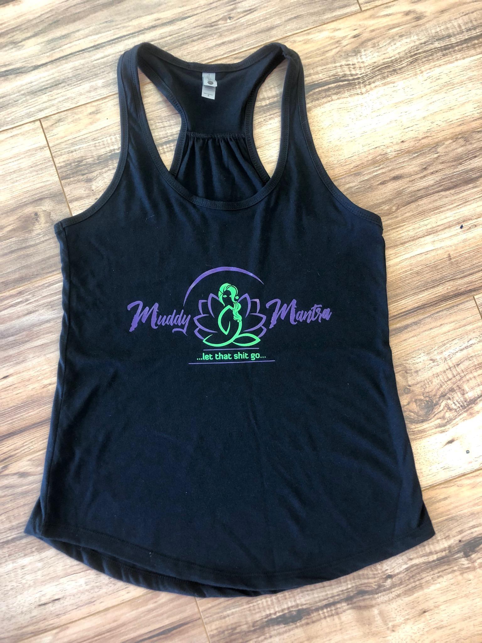 Woman's Black yoga Tank "Let That Shit" with classic Lotus Design Go Muddy M