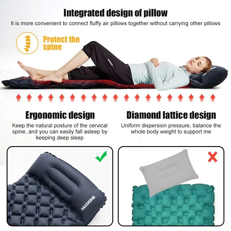 Ultralight Camping Inflatable Mattress with Pillow – Built-In Pump for Hiking & Outdoor Sleeping
