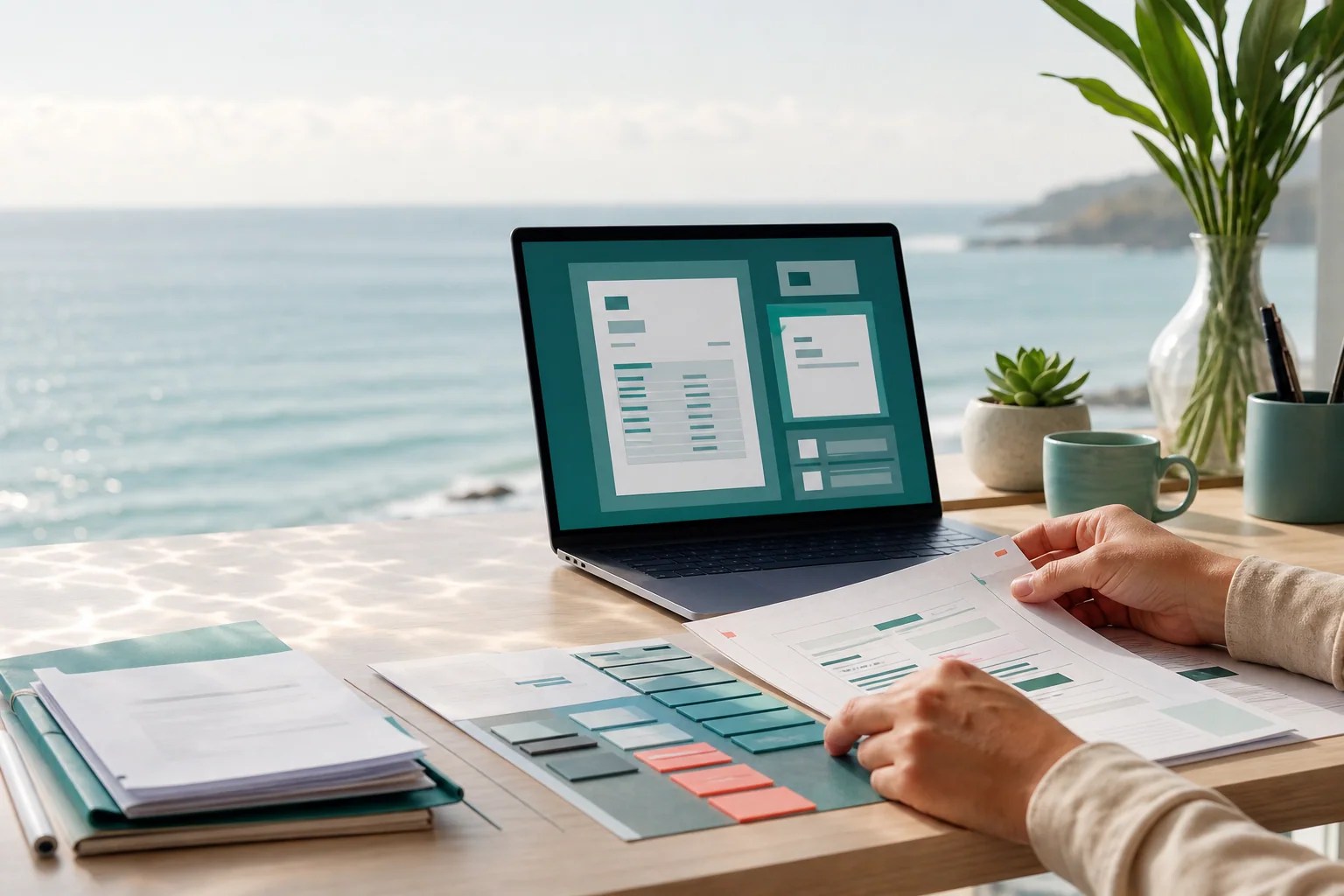 Ruhiger Arbeitsplatz am Meer mit digitaler Rechnung und geordneten Unterlagen