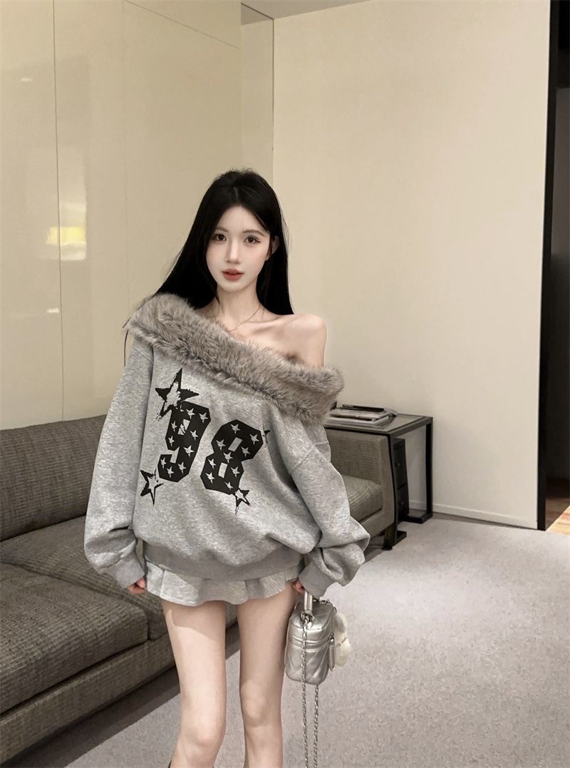 斜肩毛絨領衛衣 女生顯瘦百搭 美式復古 ins風字母印花寬鬆長袖