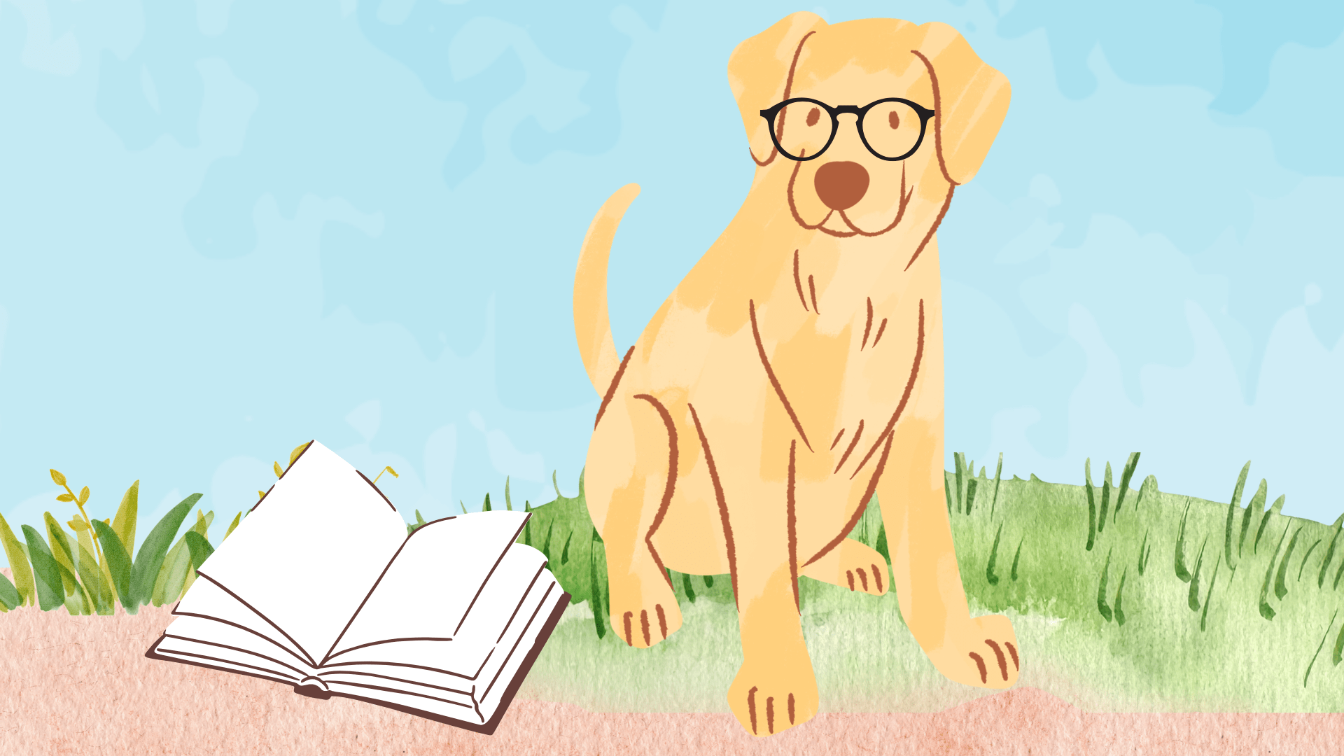 image of dog with glasses outside next to an open book