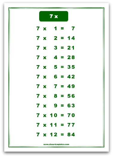 free times table 7 printable multiplication table 7 chart