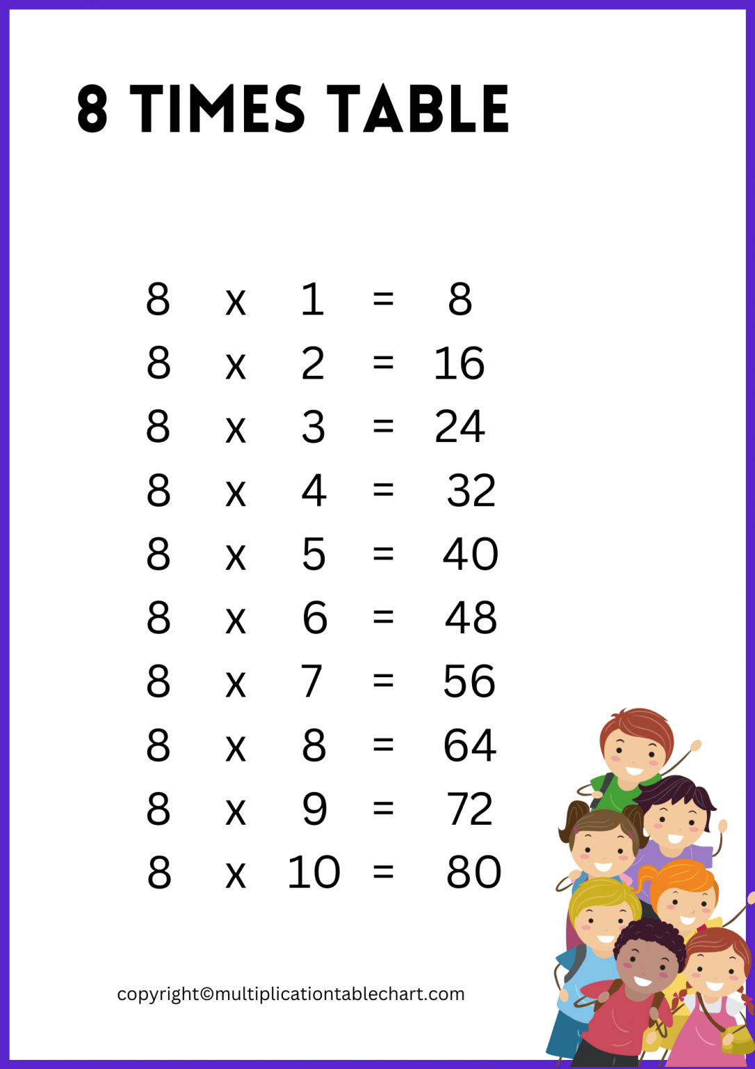 8 times table [8 multiplication table] printable chart