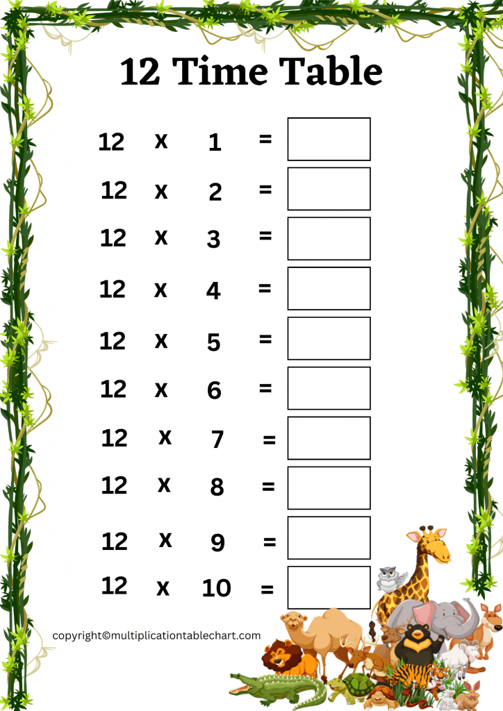 12 times table worksheet [12 multiplication table] free pdf