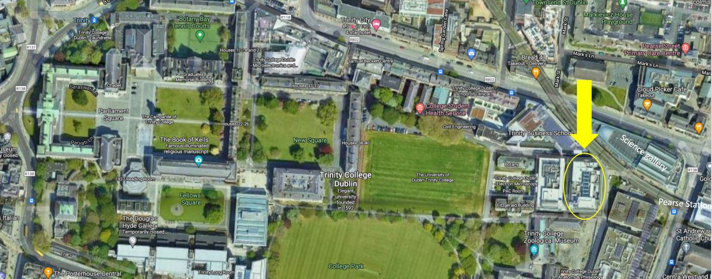 Map of Trinity College Dublin showing the Lloyd Institute near the Pearse Street entrance