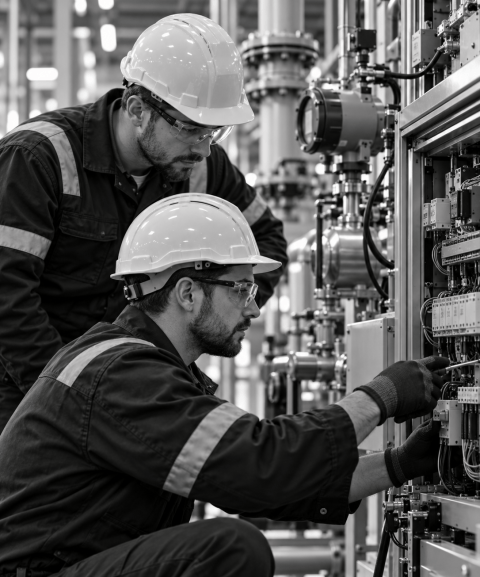 Industrial Technicians Inspect Control Panel