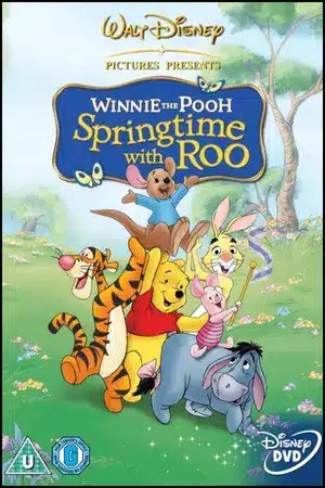 A vibrant and cheerful poster featuring the honey-loving bear Winnie the Pooh and his friends celebrating spring. Roo, the young kangaroo, is perched excitedly on Tigger’s shoulders, with Tigger (a tiger) bouncing on his tail. Piglet, Rabbit, and Eeyore (a donkey) stand nearby, each holding flowers and wearing bright, happy expressions. The group is set in a sunlit meadow filled with colourful flowers and green grass, with trees and a soft blue sky in the background. The title, “Winnie the Pooh: Springtime with Roo,” is displayed in whimsical white and yellow lettering on a royal blue and gold background, emphasising the joy, warmth and cherished nature of the story.
