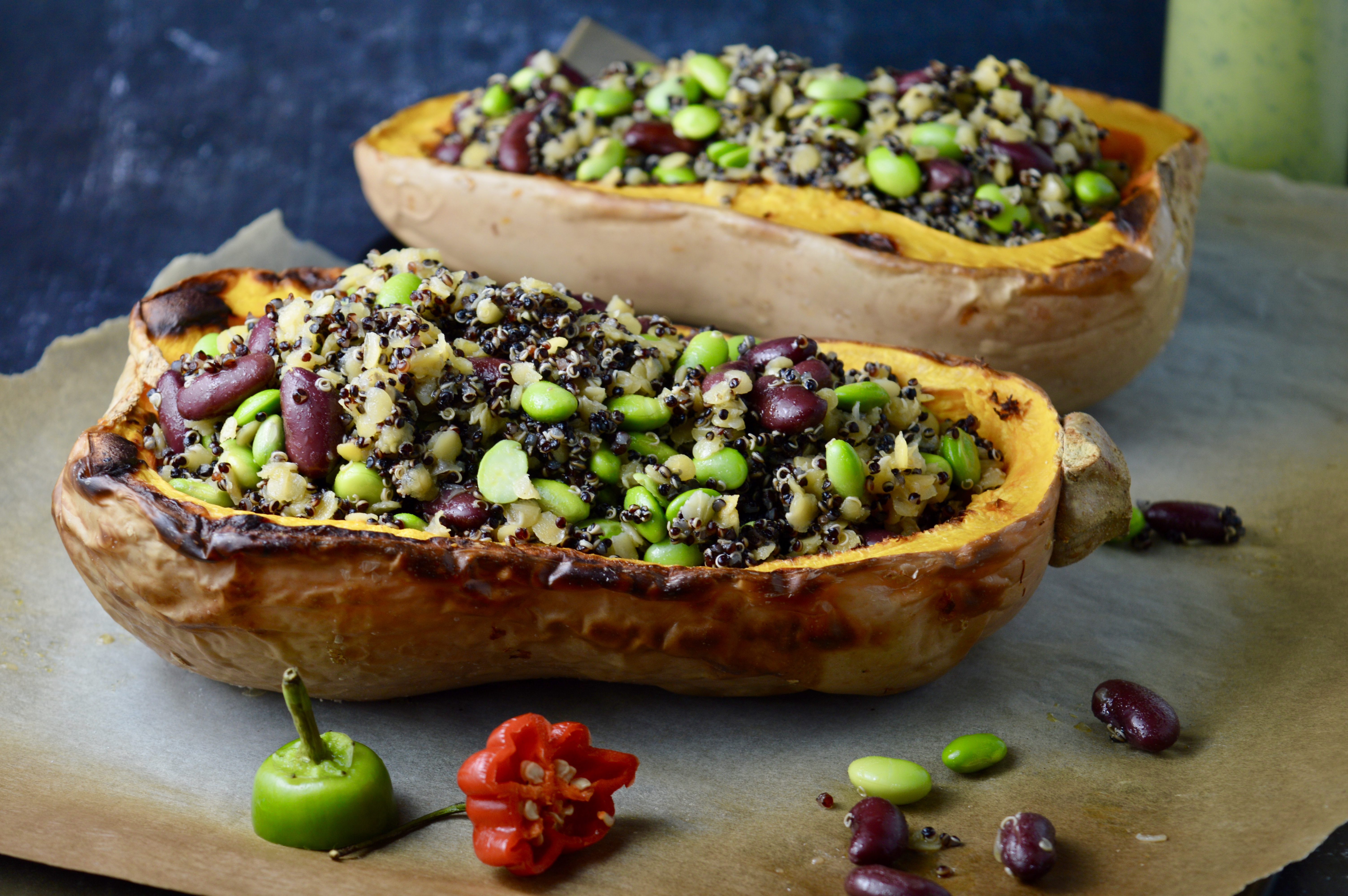 Quinoa, Edamame & Red Lentils Stuffed Butternut Squash