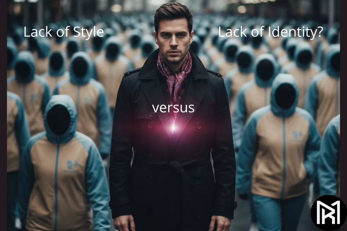 A man with a strong personal style standing among a faceless crowd of identical people in a subway station, representing identity versus social ameba.