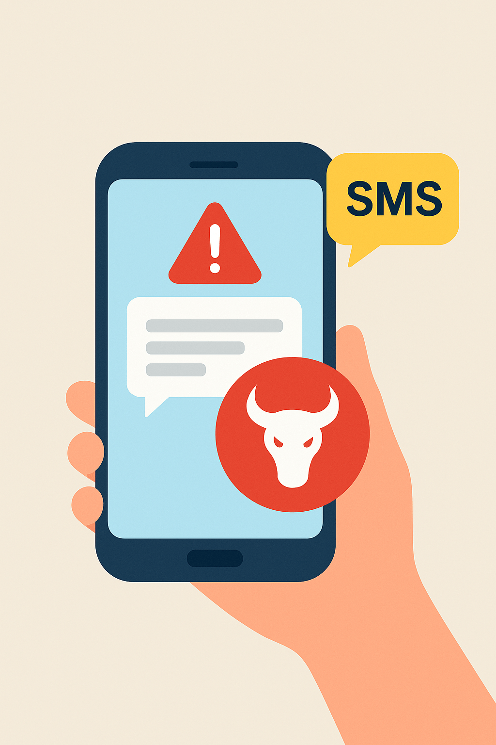 Ilustración plana de un teléfono móvil sostenido en la mano que muestra un SMS sospechoso con íconos de advertencia y peligro, representando una estafa por mensaje de texto.