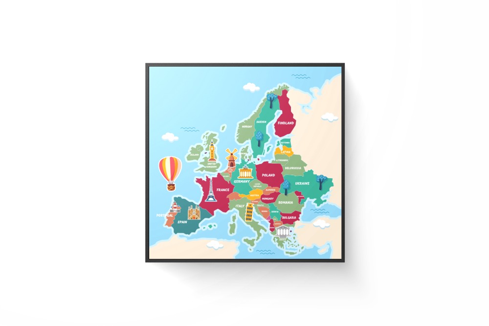 Europe Map For Kids Educational Printable PSD Foto Frame Concept Mockup 
